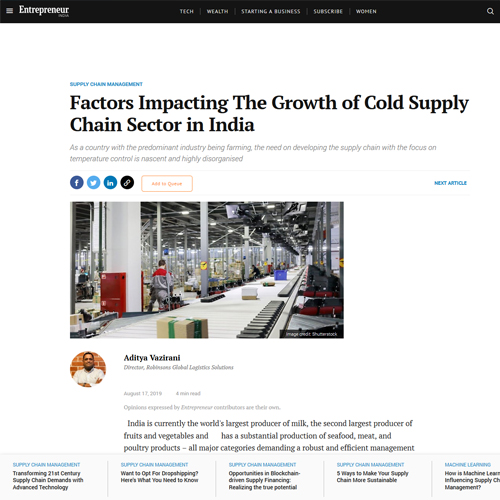 Enterpreneur publication on cold supply chain in India